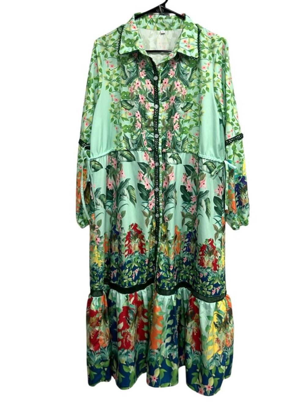 Large Green Floral Long Sleeve Tiered Ruffled Hem Maxi Shirt Dress Cottagecore